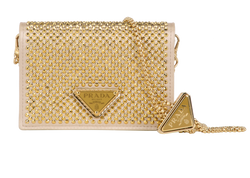 Logo Crystal Card Holder On Chain, Satin, Gold, MII, B, 2*